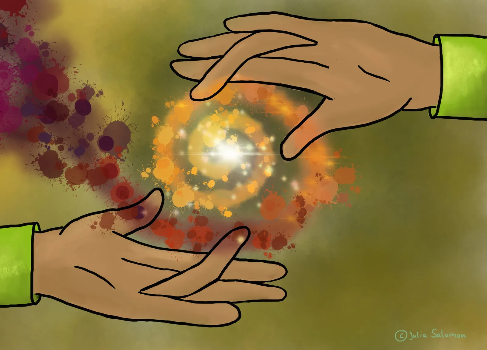 Illustration von Händen mit einer glitzernden Spirale