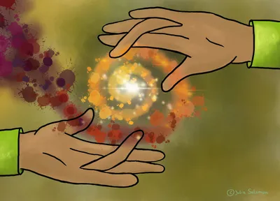 Illustration von Händen mit einer glitzernden Spirale