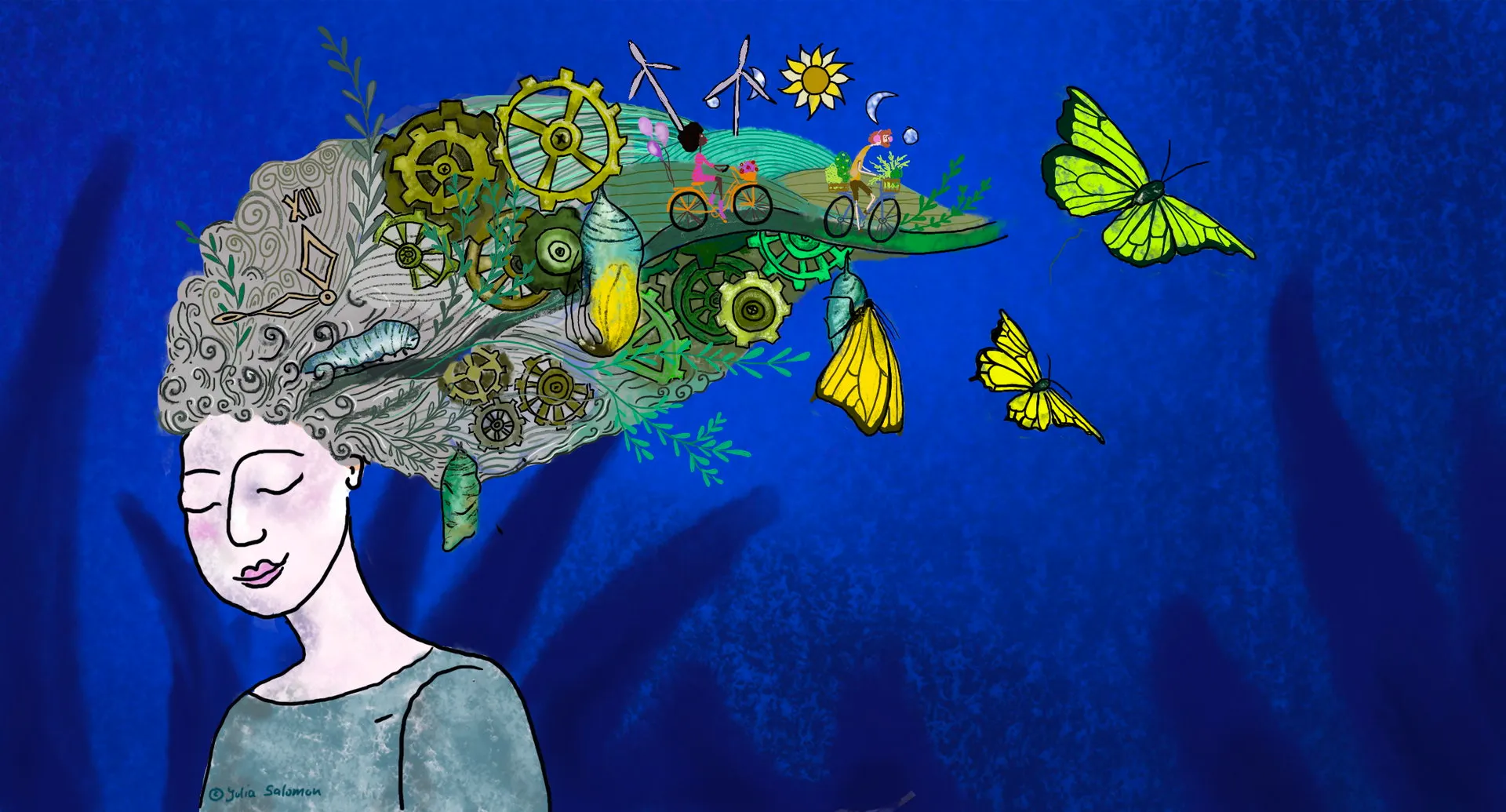 Illustration einer Frau mit geschlossenen Augen – sie stellt sich eine bessere Welt vor.