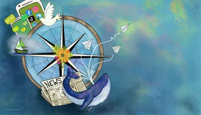 Illustration: Kompass mit Wal und Friedenstaube