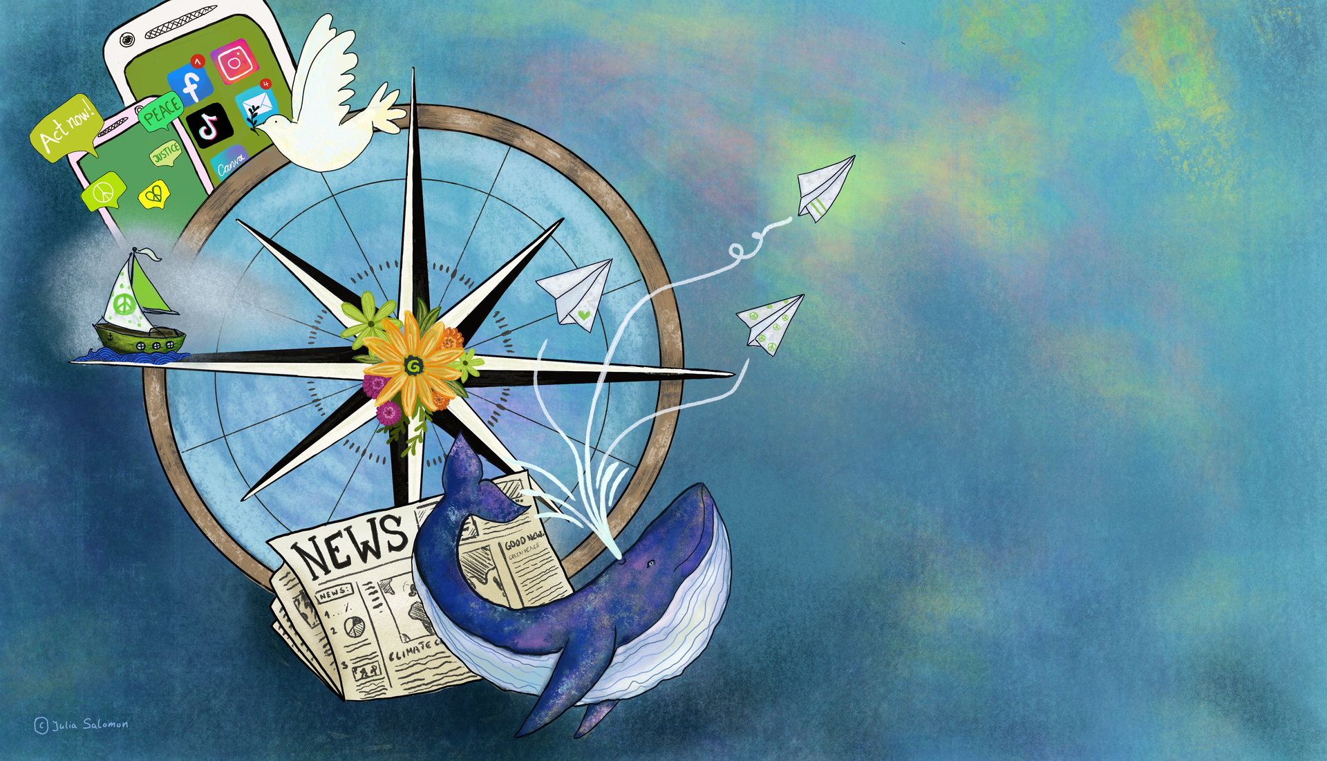 Illustration: Kompass mit Wal und Friedenstaube